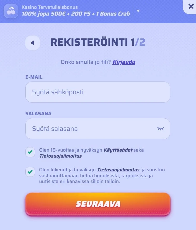 Rekisteröinti ja kirjautuminen